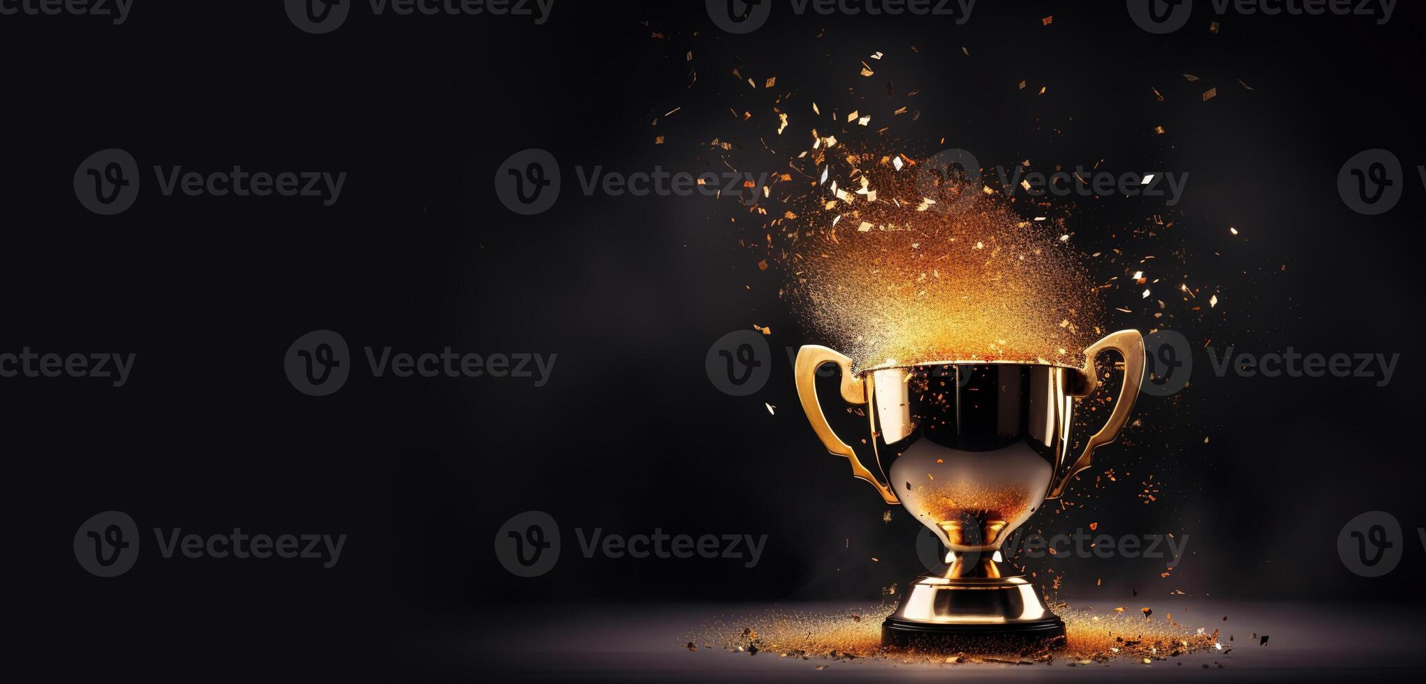 , Winner trophy with flames, golden champion cup with falling confetti on dark background photo