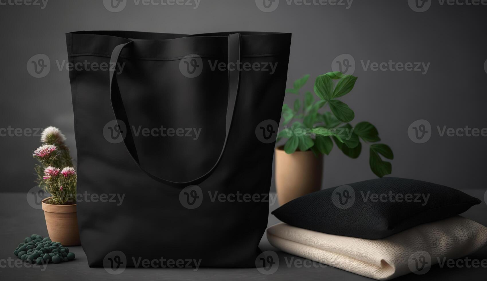 , Realistic black tote canvas fabric bag set-up in at home interior, mug mock up blank. photo