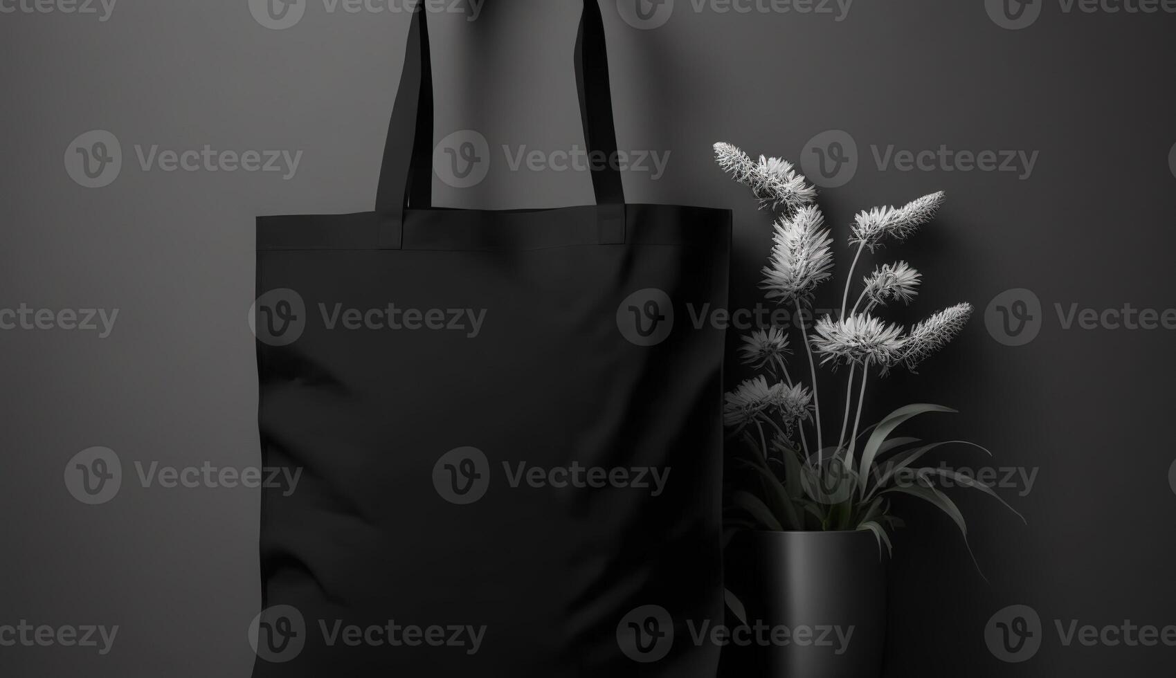 , Realistic black tote canvas fabric bag set-up in at home interior, mug mock up blank. photo