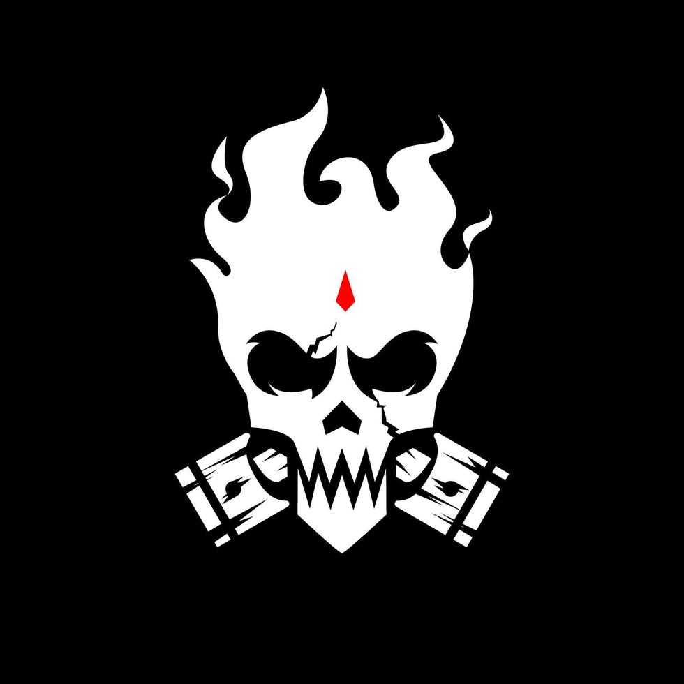 skull with flames rider logo. Skull biker badge logo illustration. Skull with fire and Pistons logo concept. Skull and Pistons. vector