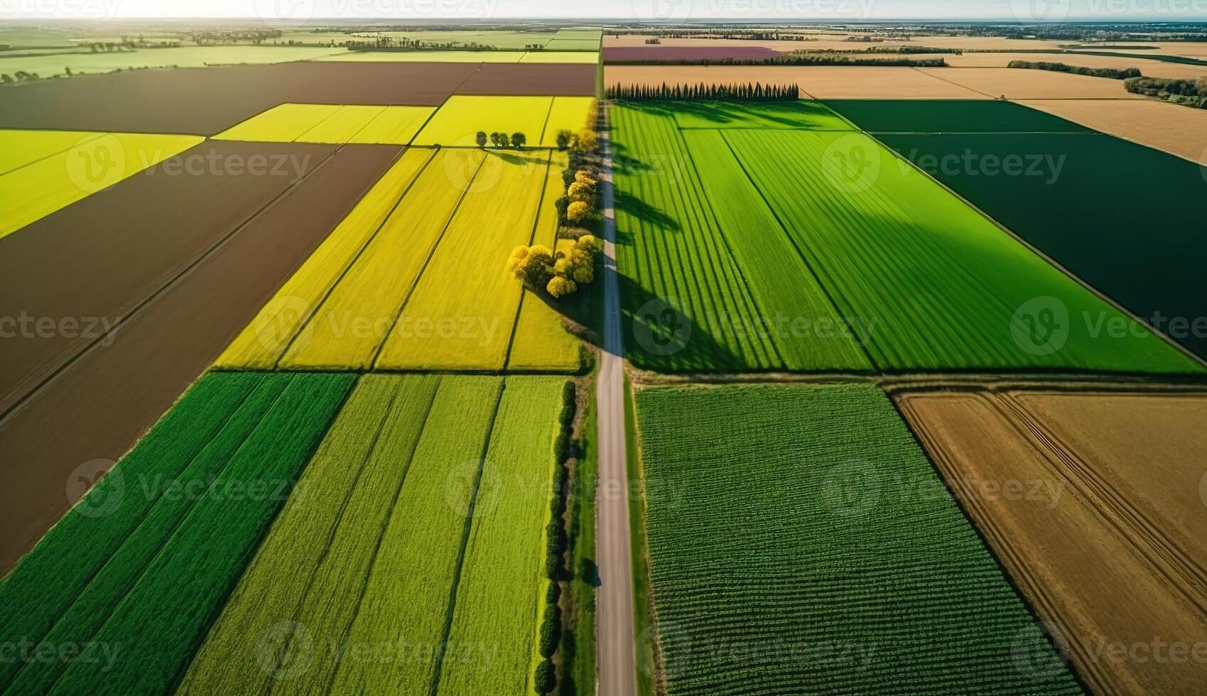 generativo ai, granja paisaje, agrícola campos, hermosa campo, país la carretera. naturaleza ilustración, fotorrealista parte superior ver zumbido, horizontal bandera. foto