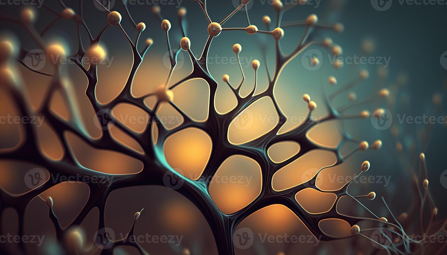 , Conceptual illustration of neuron cells with glowing link knots in abstract dark space, high resolution. Human nervous system, neural network photo