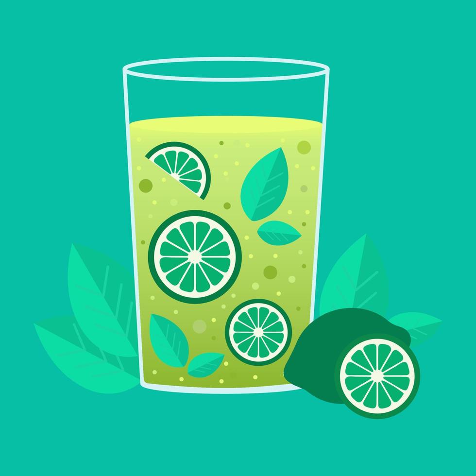 Icon, sticker, illustration. Glass with Lime and mint cocktail with bubbles on blue background. Summer, cocktail, fruit vector