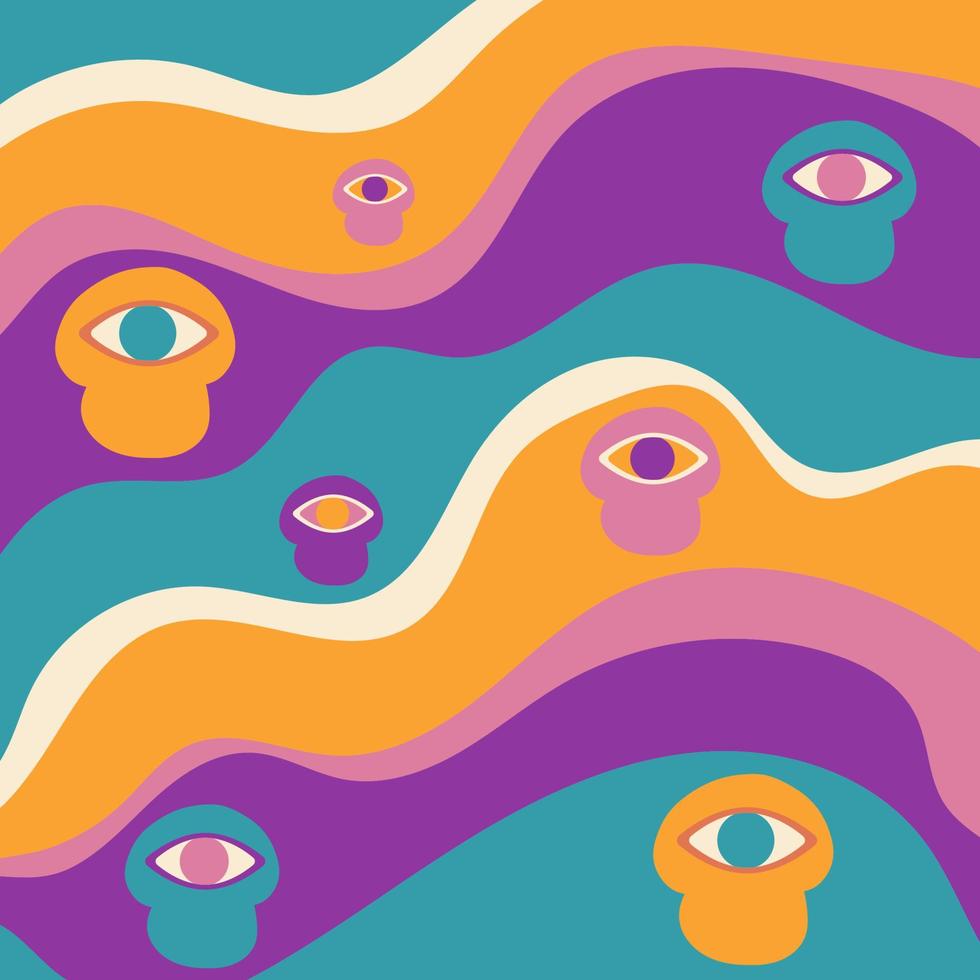 pattern, background with colored waves and mushrooms with eye in psychedelic hippie style. vector