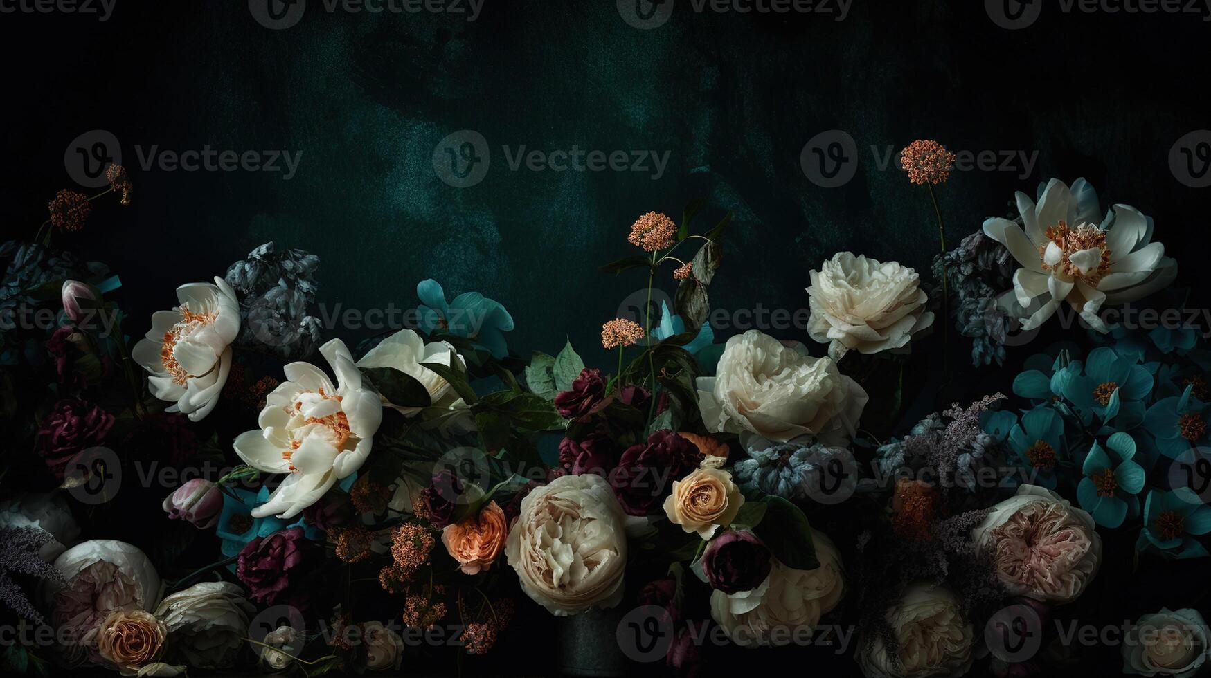 , Close up of blooming flowerbeds of amazing teal flowers on dark moody floral textured background. Photorealistic effect. photo