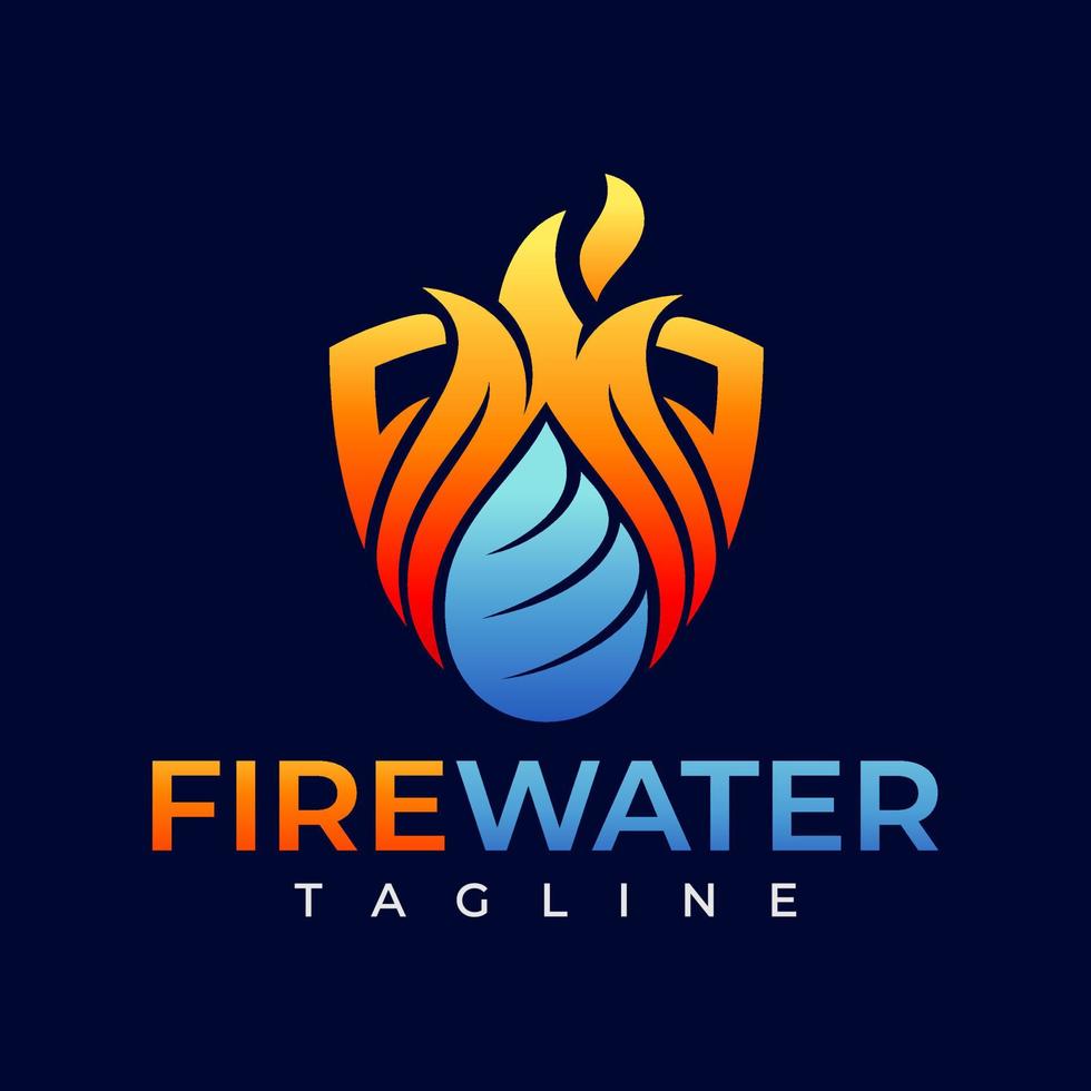 Modern gradient fire water shield logo branding. Minimalist flame drop HVAC logo. vector