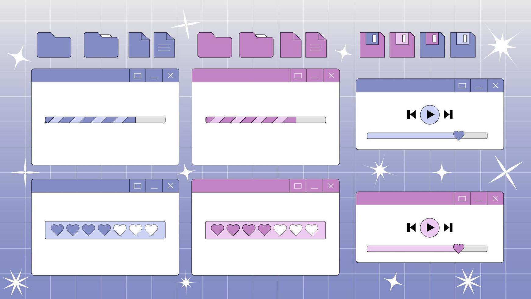 Retrowave popup user interface elements with and without hearts, vector illustration of UI and UX. Retro browser computer window in 90s vaporwave style