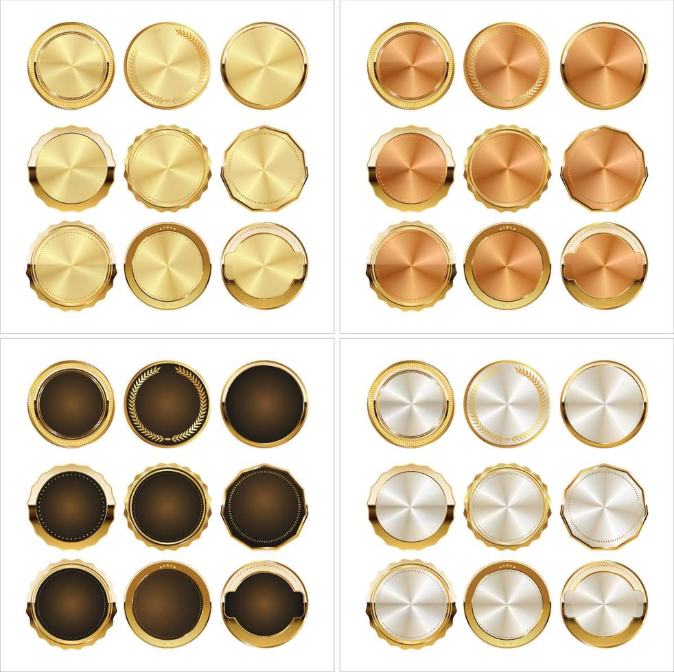 Collection of golden silver bronze and brown badges and labels retro style vector