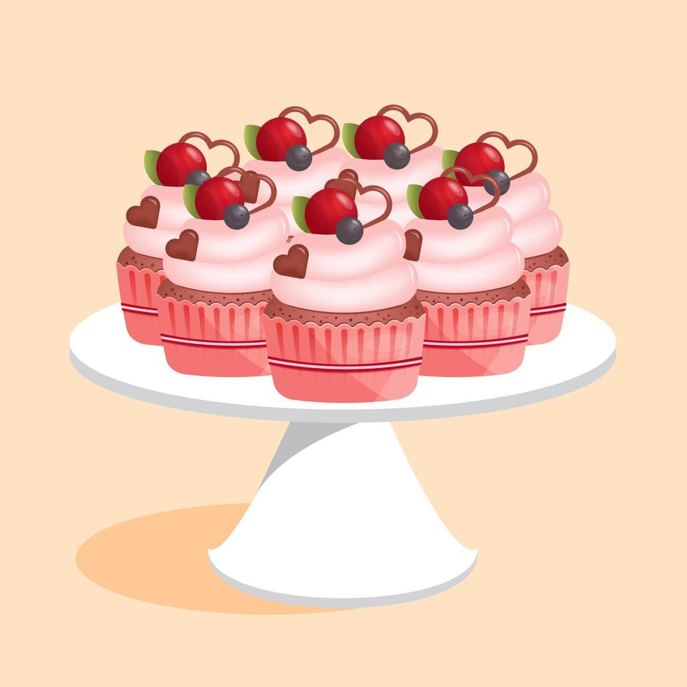 Many flavor cupcakes with berries and red hearts on a white platter, vector Illustration
