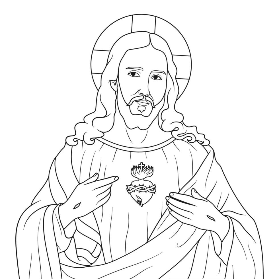 Sacred Heart of Jesus Christ Vector Illustration Outline Monochrome