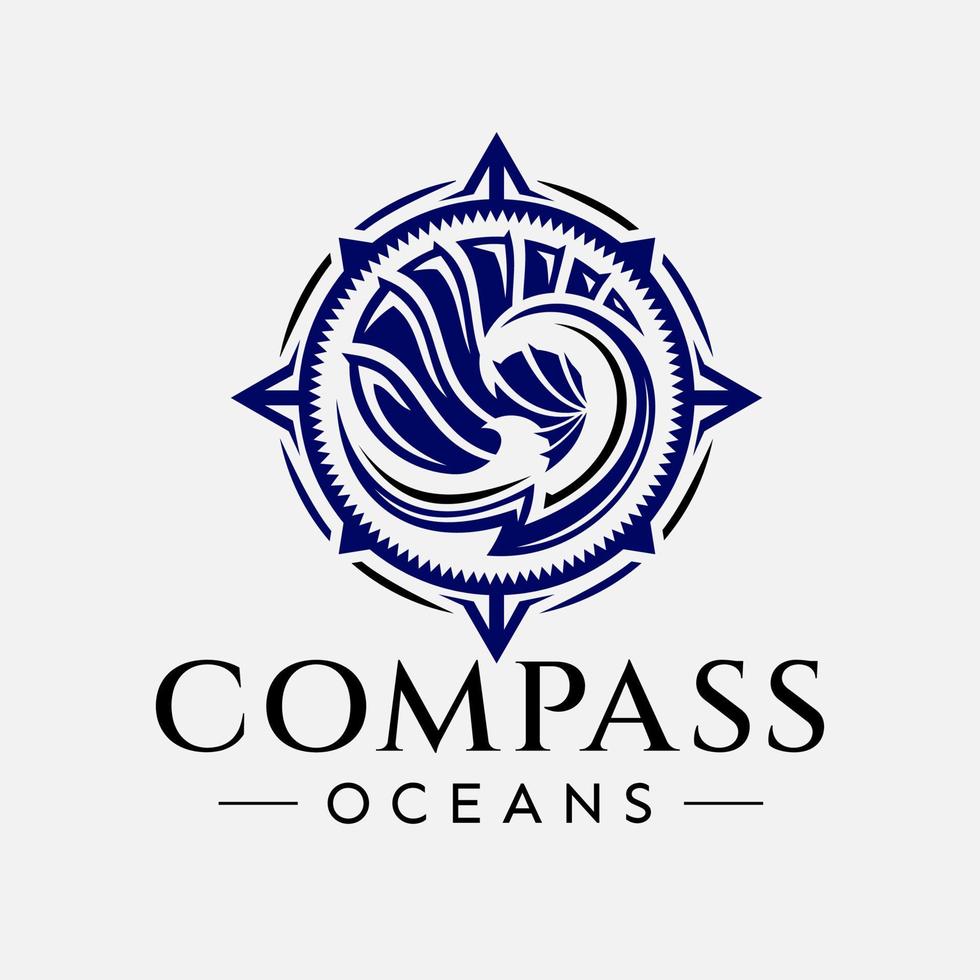 Luxury illustrative ocean compass logo design. Elegant sea wave logo template. vector