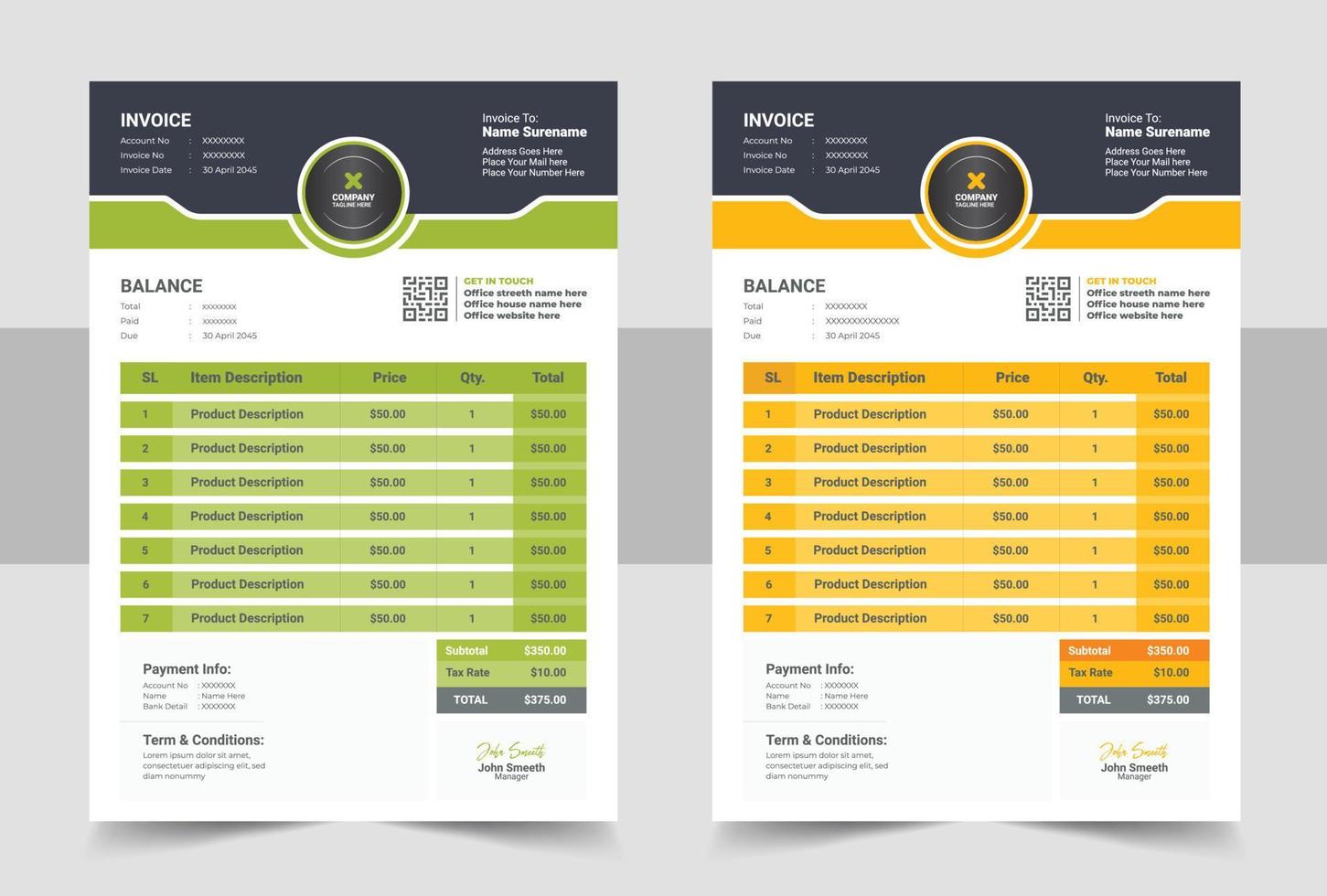 Business invoice template. Invoicing quotes, money bills or price invoices and payment agreement design template vector