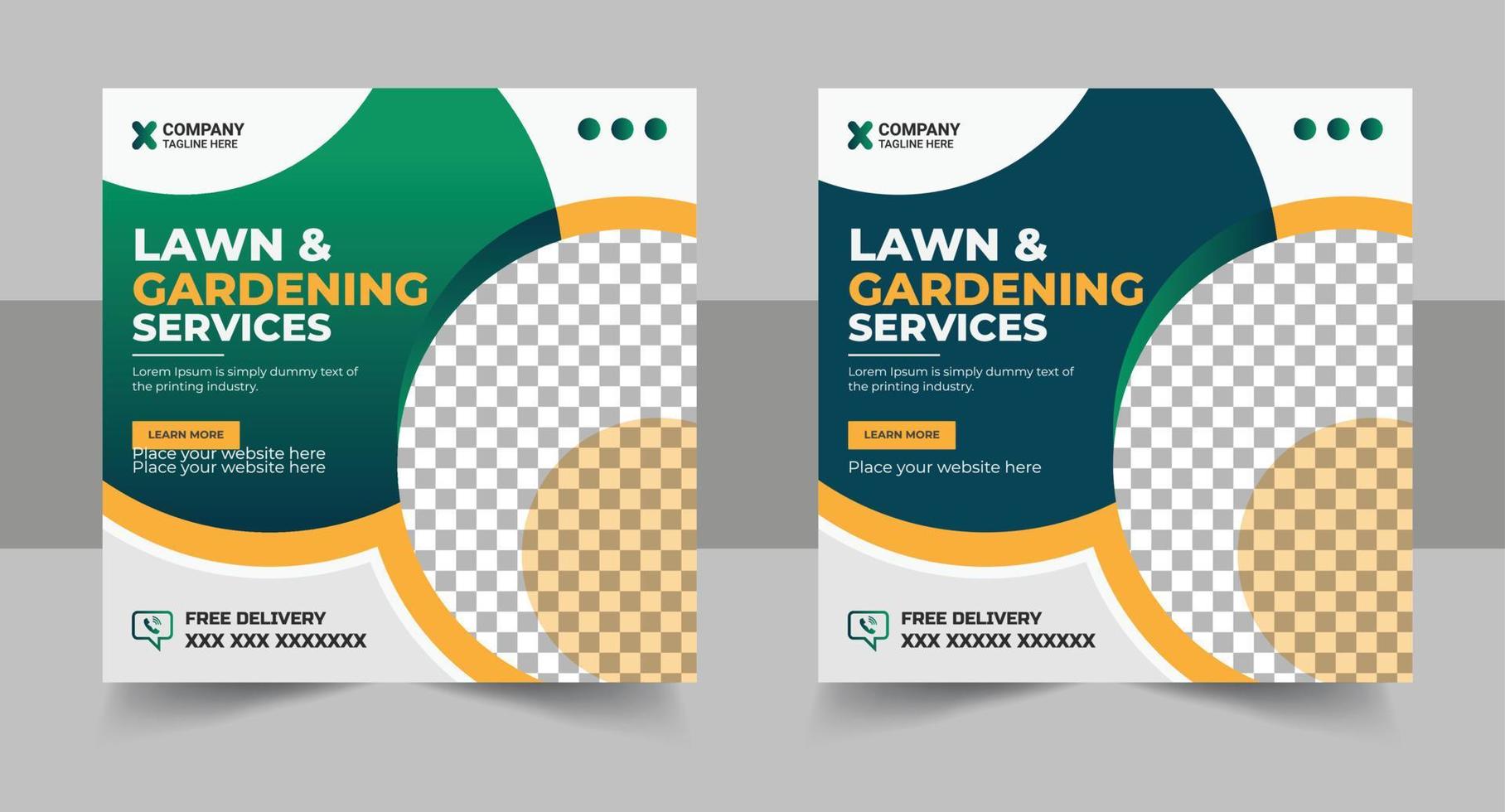 Farm management template vector with green and yellow colors. Lawn and gardening service web banner design for social media marketing. Agro farm service social media post vector