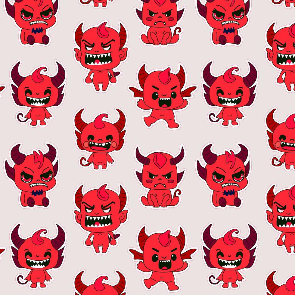 Seamless pattern with Stickers emoji emoticon emotion happy characters sweet hellish entity cute horned devil, evil spirit, devilry, impure force vector