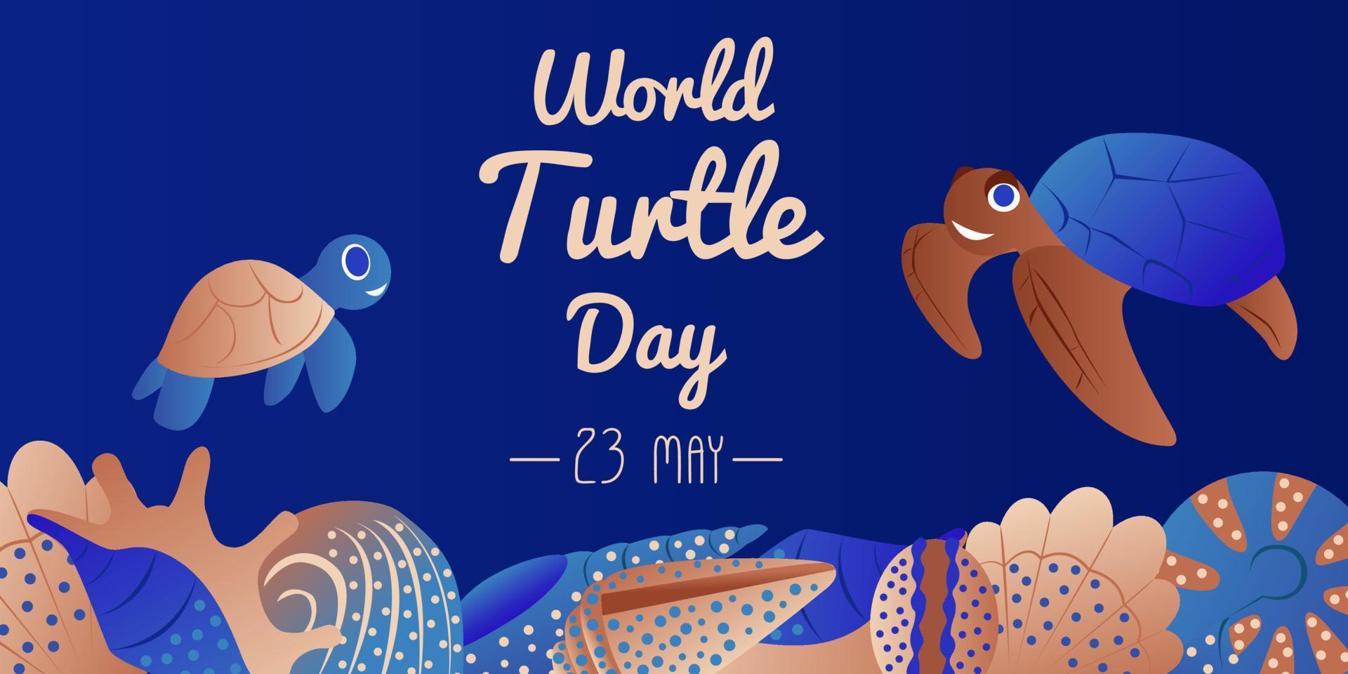 World Turtle Day 23 May background. Turtle swims in the ocean against the background of the sun. Vector illustration