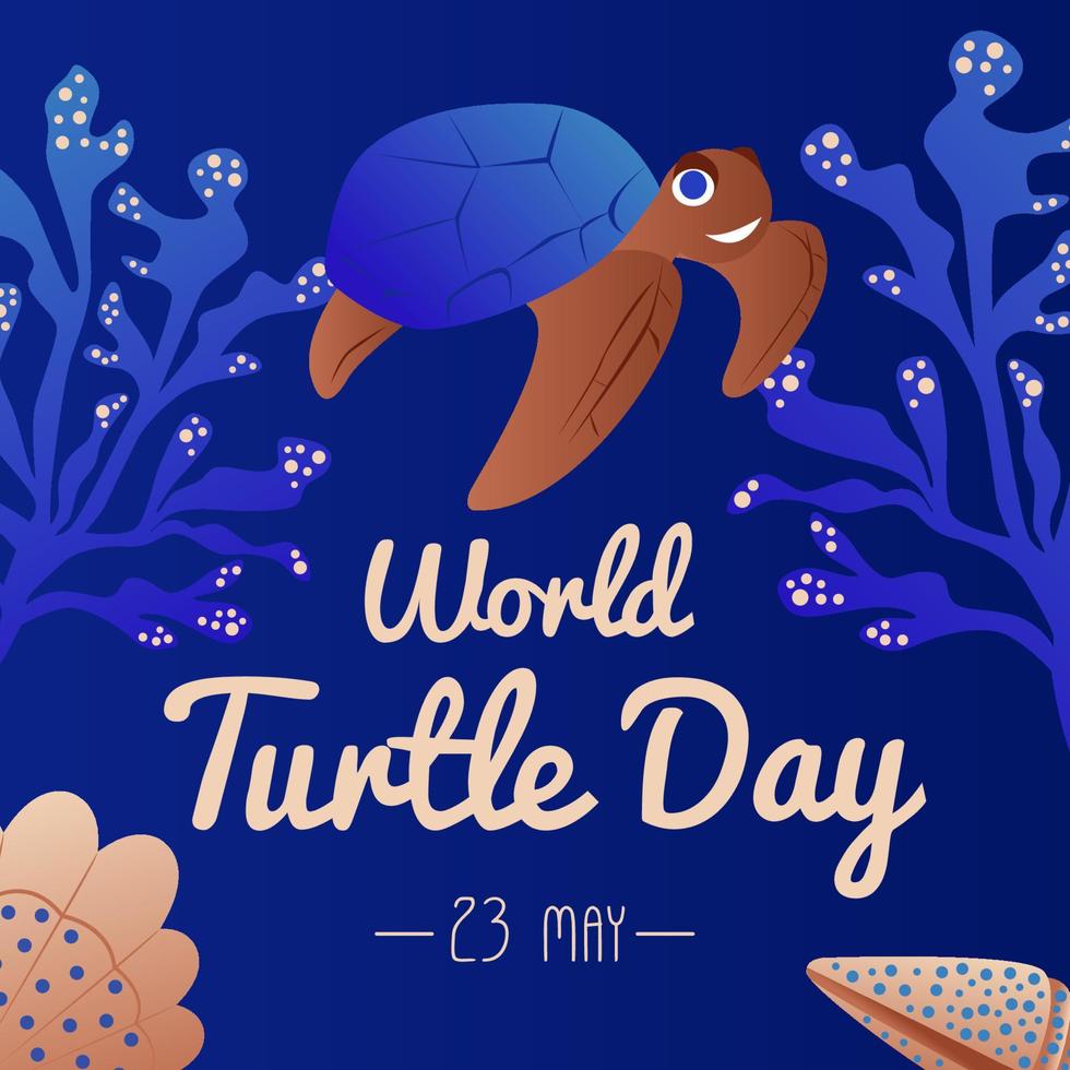 World Turtle Day 23 May background. Turtle swims in the ocean against the background of the sun. Vector illustration