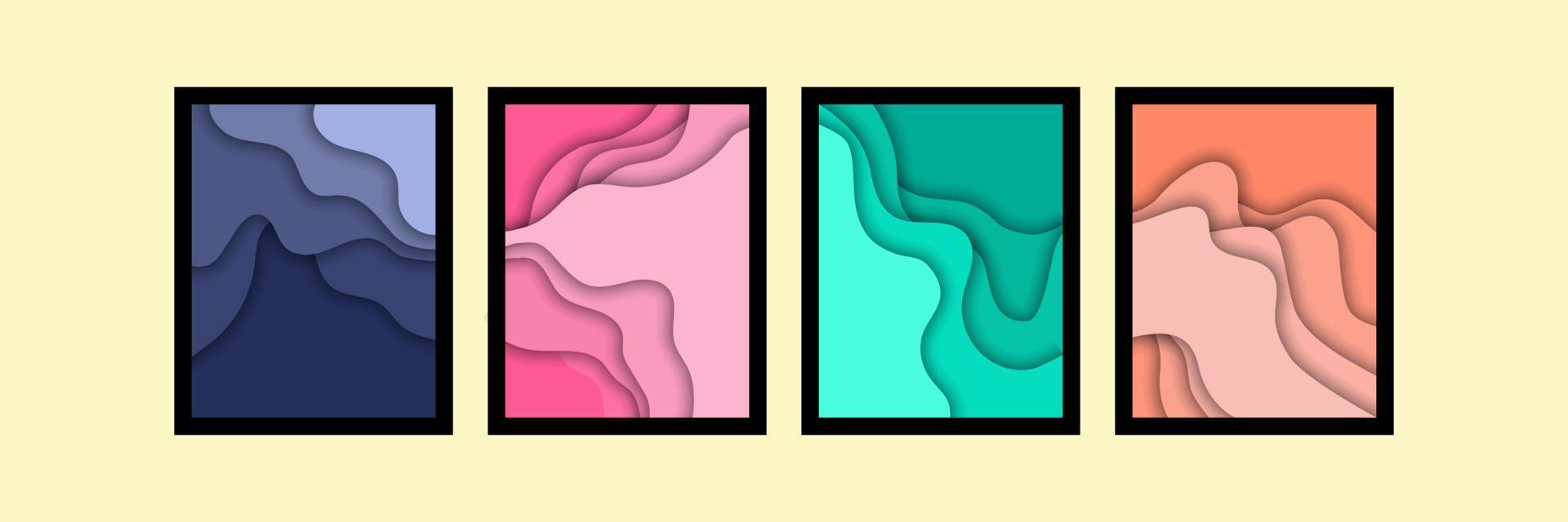 Vertical abstract paper cut effect posters set. Wavy aesthetic vivid colors banners. Curvy wall art interior decor. Social media, flyers, cards template. Vector illustration.