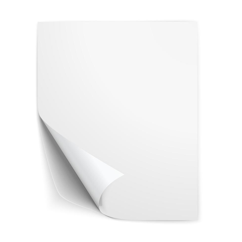 Realistic paper sheet with folded corner. Paper sheet with shadows on white background. Vector illustration