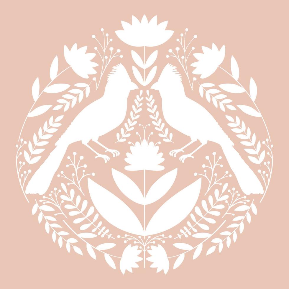 Symmetrical ornament with birds, flowers and leaves with different folk compositions. Motif in scandinavian style. Ethnic flat illustration in white. vector