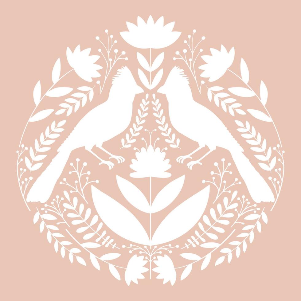 Symmetrical ornament with birds, flowers and leaves with different folk compositions. Motif in scandinavian style. Ethnic flat illustration in white. vector