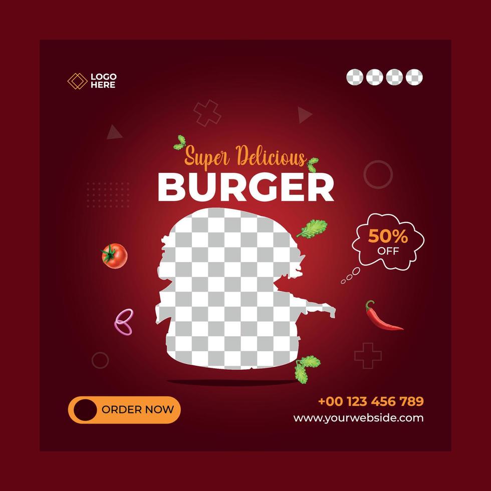 New editable Super Delicious Burger social media post template. Suitable for social media posts and web or internet ads. Vector illustration with Photo College.