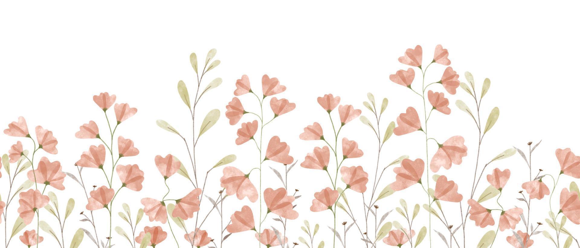 Floral summer horizontal pattern with sweet peas wildflowers. Watercolor hand drawn isolated illustration border, meadow or floral background for your design.background, banner, bloom, blossom, border vector