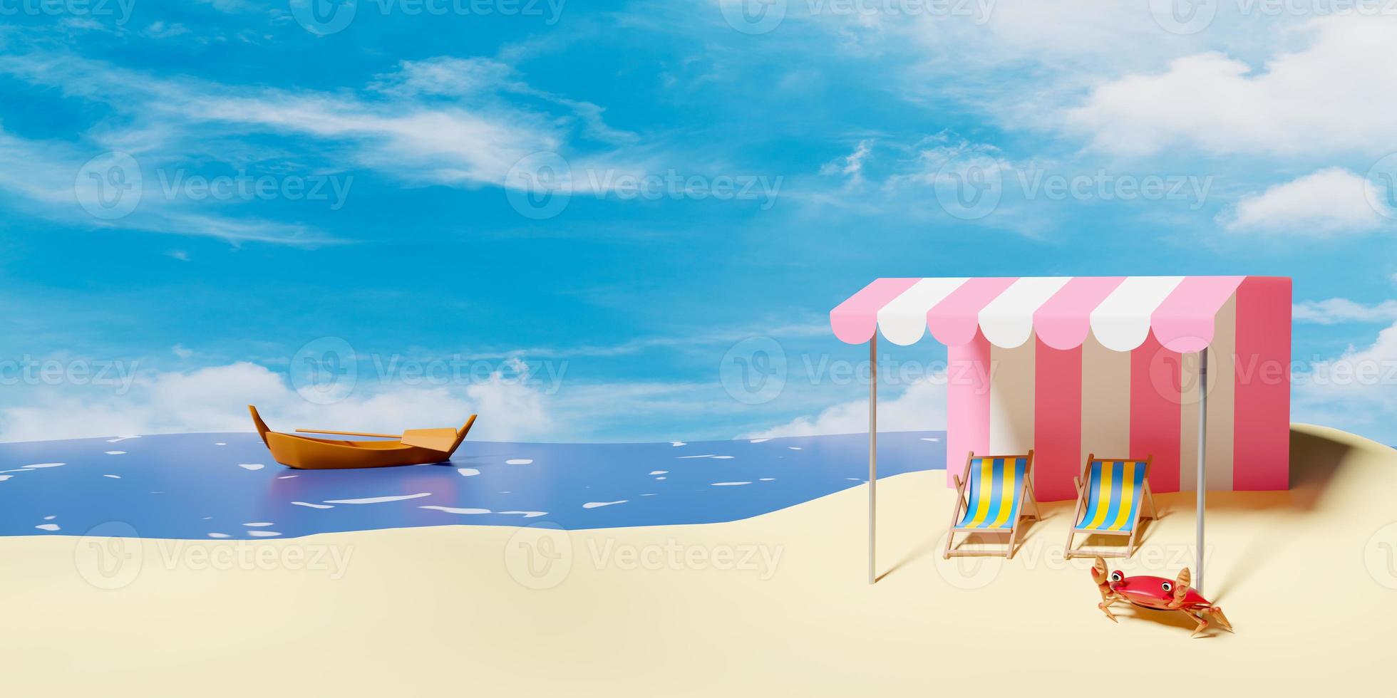 3d summer travel concept with pink umbrella, parasol, seaside, boat, crab, beach chair isolated on blue sky background. 3d render illustration photo