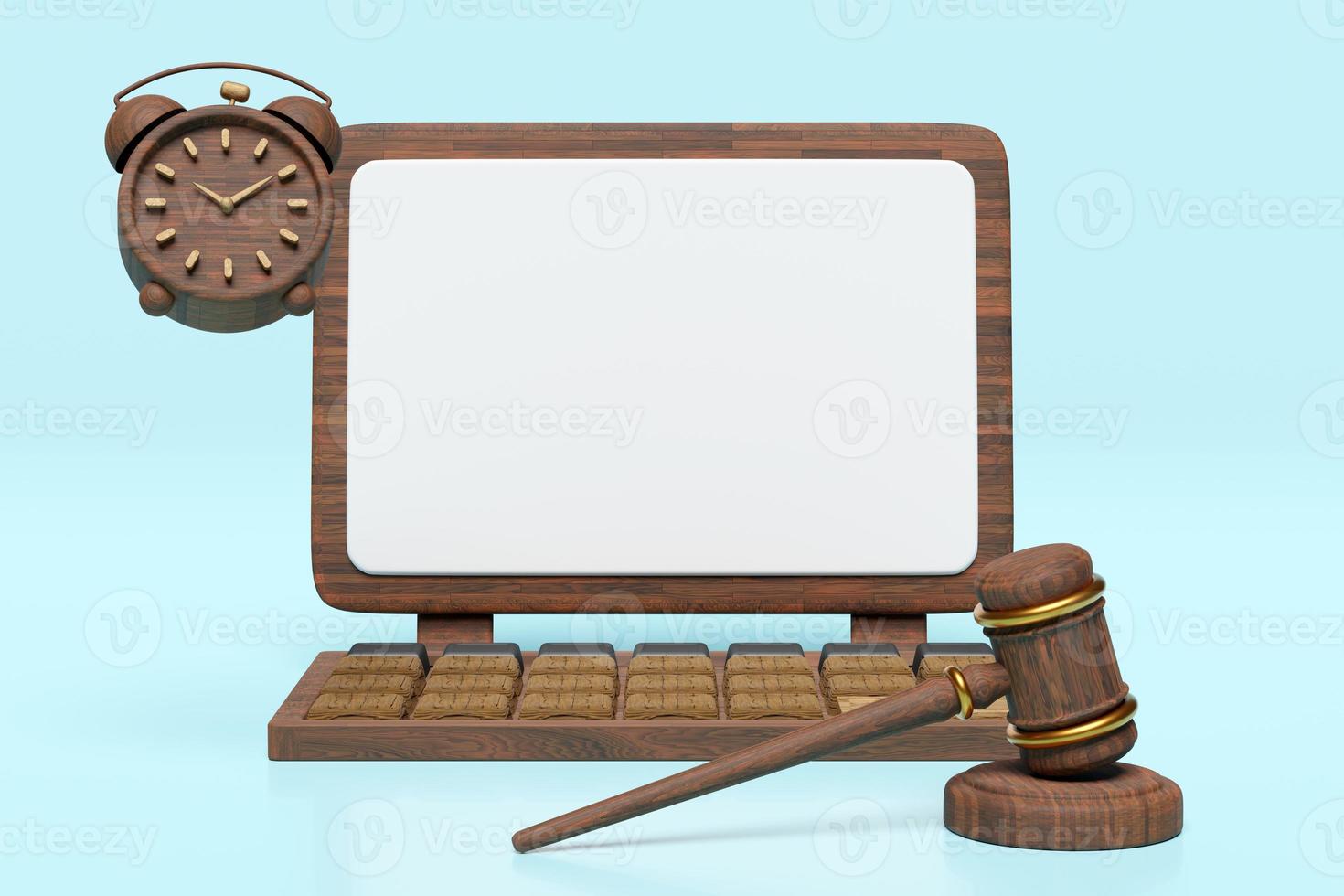 3d wooden laptop with blank computer screen, judge gavel, hammer auction, clock isolated on blue background. template, mockup concept, 3d render illustration, clipping path photo