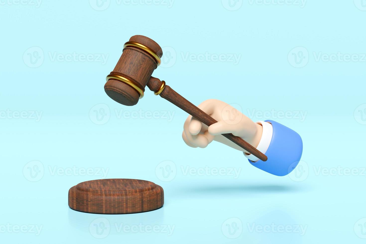 3d wooden judge gavel, hand holding hammer auction with stand isolated on blue background. law, justice system symbol concept, 3d render illustration, clipping path photo