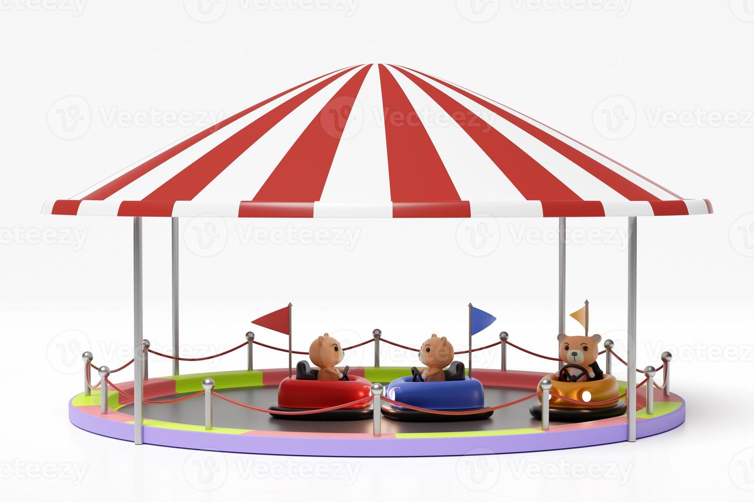 3d amusement park concept with electric bump car, teddy bear isolated on white background. 3d render illustration, clipping path photo