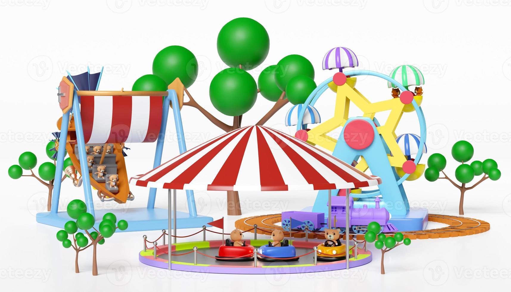 3d amusement park concept with electric bump car, teddy bear viking ship, railroad tracks, ferris wheel, landscape isolated on white background. 3d render illustration, clipping path photo