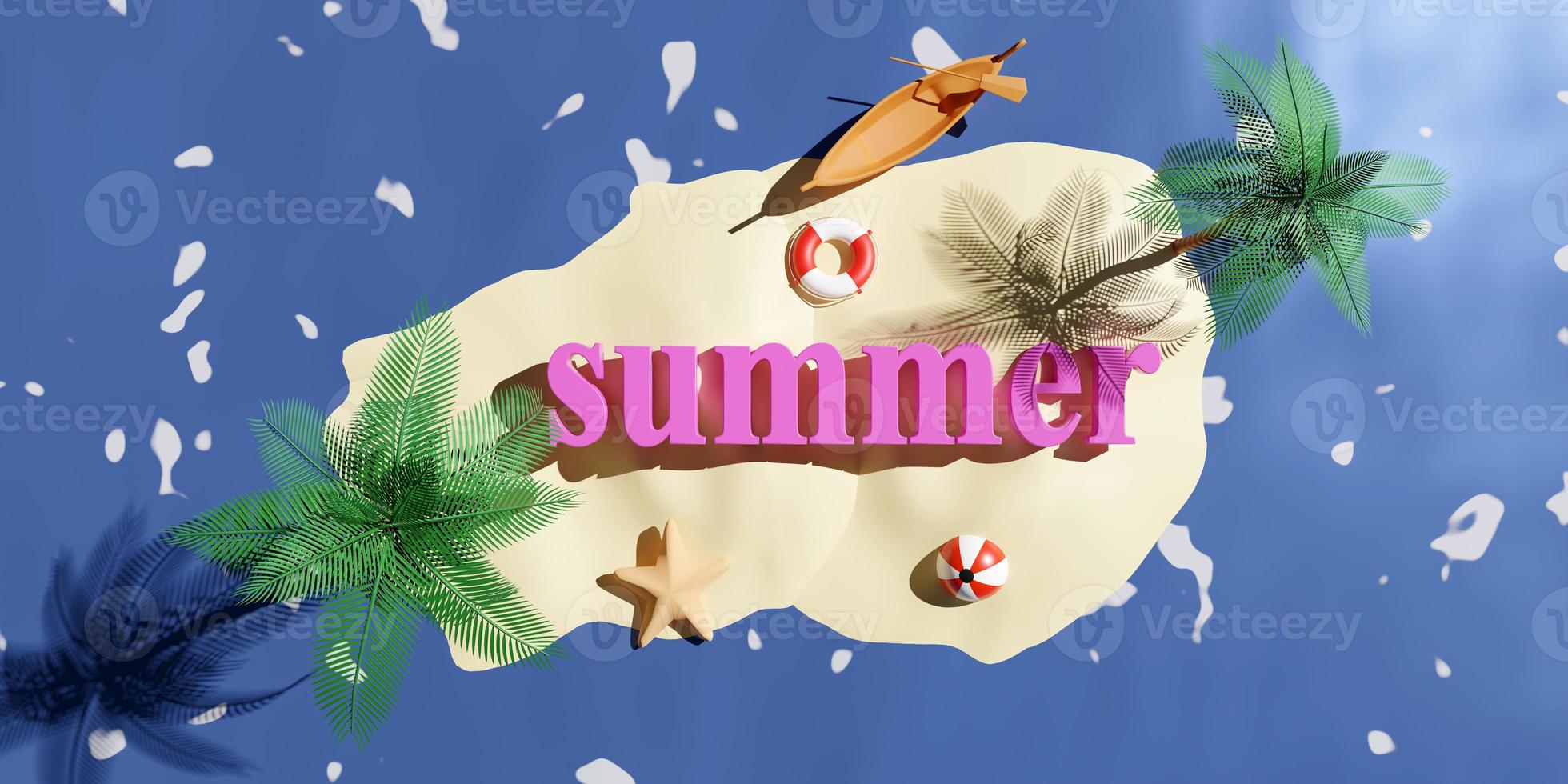 summer travel with ball, coconut palm tree, starfish, lifebuoy, island isolated on sea water. abstract background, 3d illustration or 3d render photo
