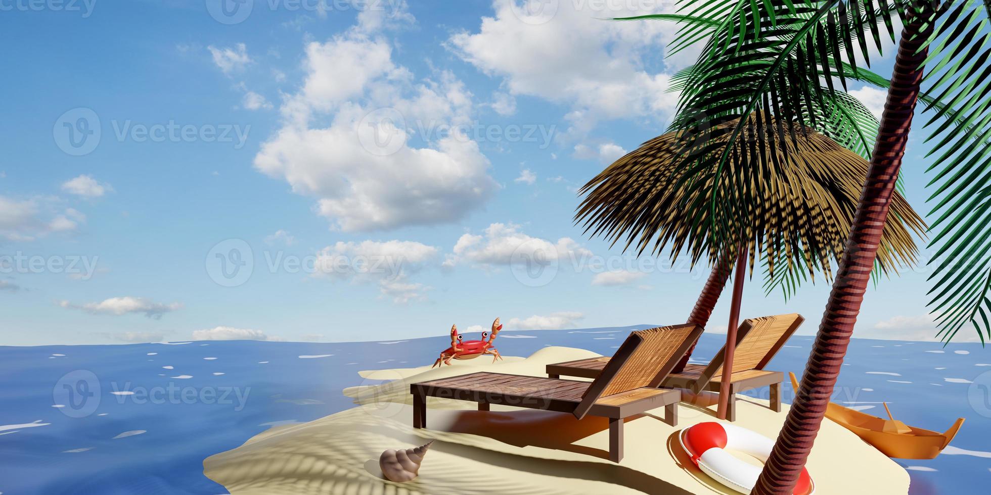 beach chair wooden with umbrella, palm tree, lifebuoy, seaside, crab, boat, island isolated on blue sky background. summer travel concept, 3d illustration or 3d render photo