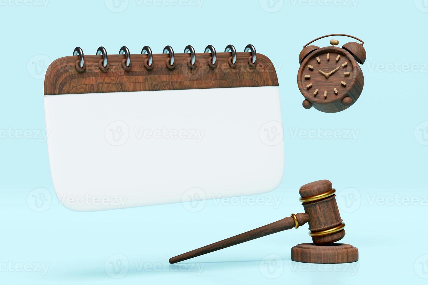 3d empty wooden calendar for marked date with judge gavel, hammer auction, clock isolated on blue background. schedule appointment, template, mockup concept, 3d render illustration, clipping path photo