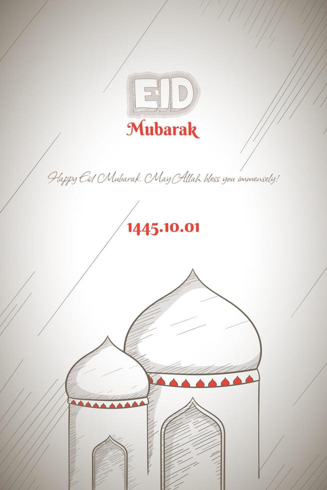 Eid mubarak background with simple mosque in cartoon hand drawn design vector