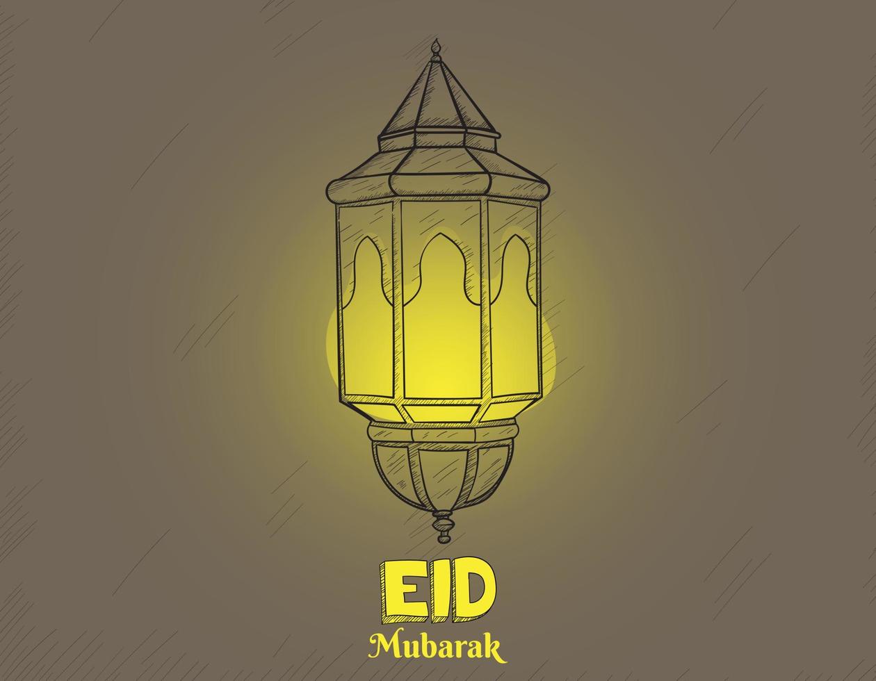 Lantern in hand drawn with yellow light design for eid mubarak or islamic background template vector