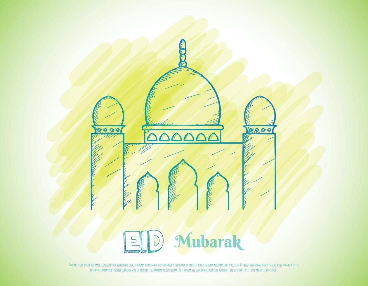 Mosque with hand drawn design for eid mubarak template or islamic background design vector