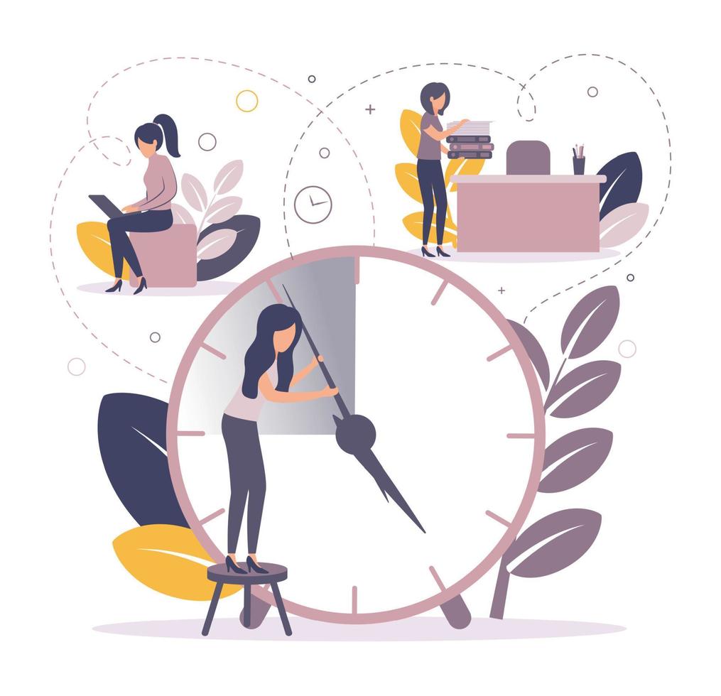 Time management. Illustration a woman stands on a stool near the big clock moves the arrows, a woman works at a laptop, a woman stands near the desktop and holds folders and paper vector