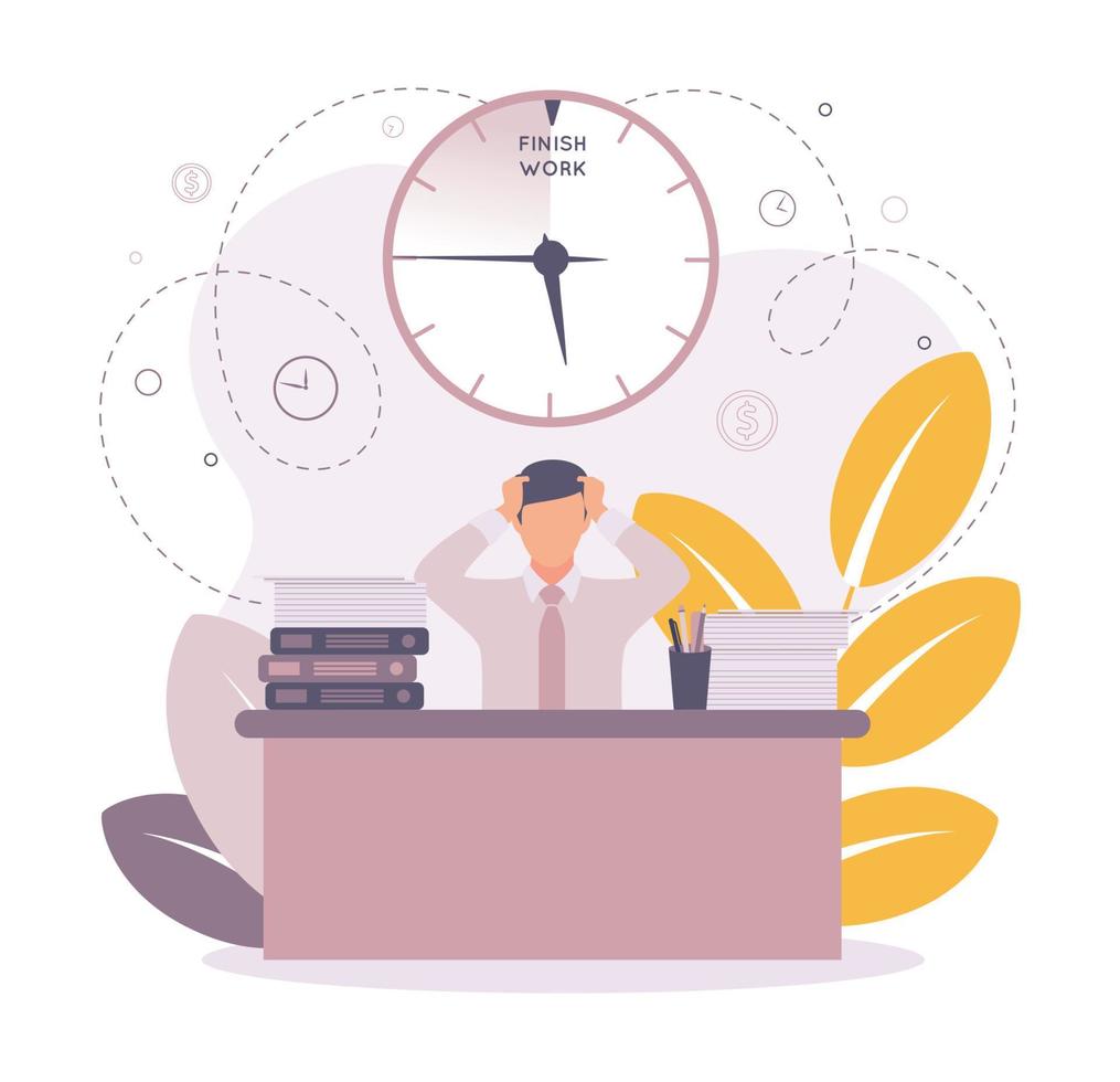 Time management illustration. Deadline. A man at the table clutching his head, on the table documents, papers, folders, on the background of a clock, coins, a branch with leaves vector