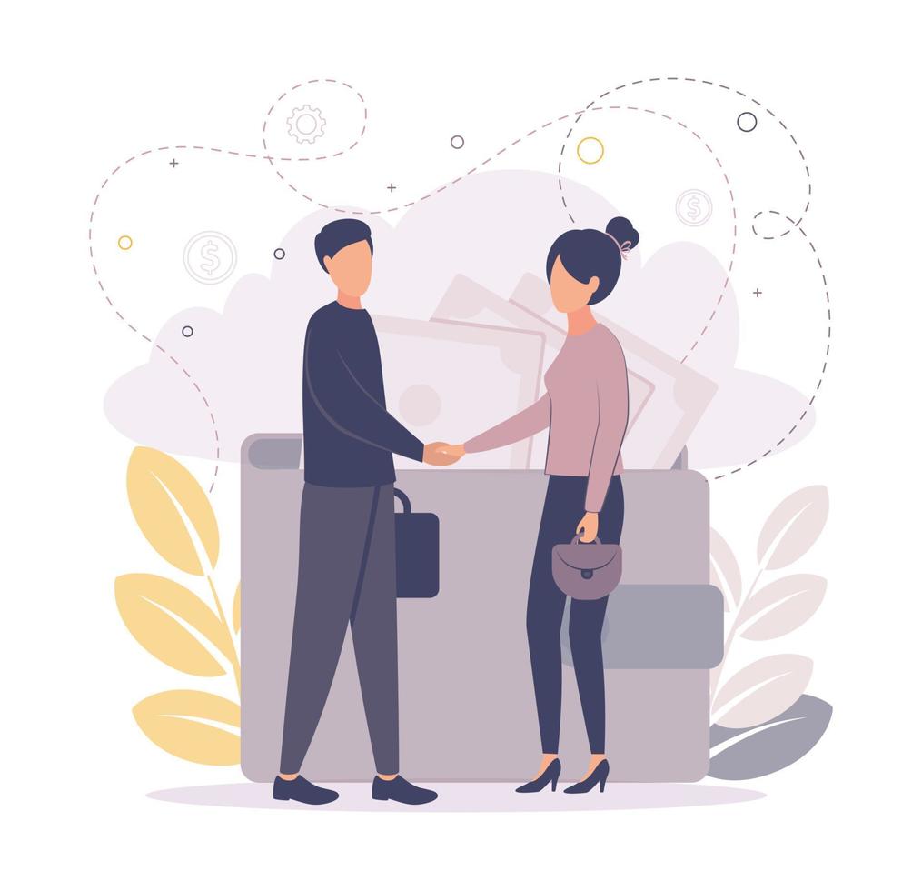 Time management. Make a deal. Illustration woman and man shake hands, on the background a wallet with banknotes, coins, gears, leaves, branches. vector