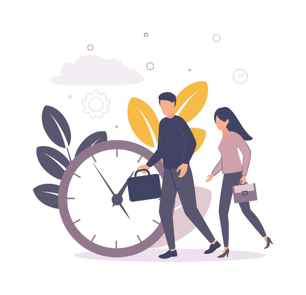 Time management. Illustration of a woman and a man with business briefcases in their hands running near the big clock with a dial, on the background of a branch, gear, clouds. vector