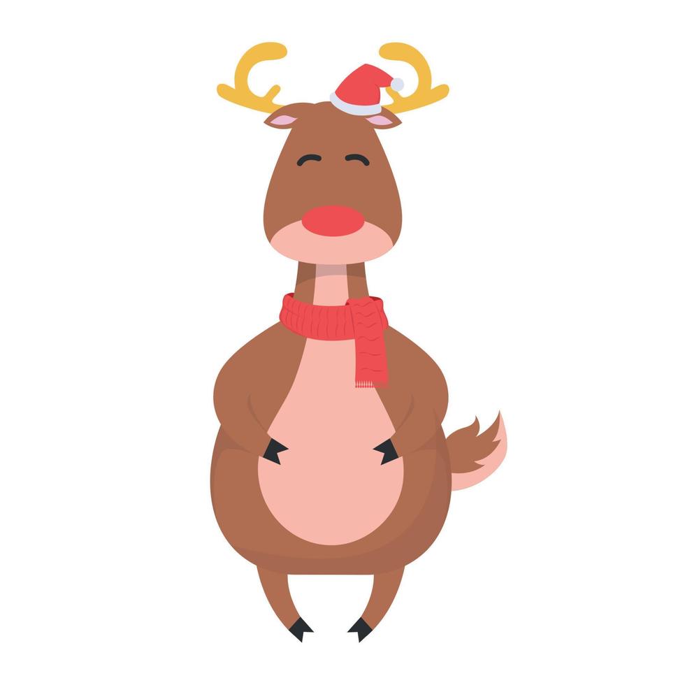 The character. Deer with antlers in a New Year's hat and scarf. Vector illustration