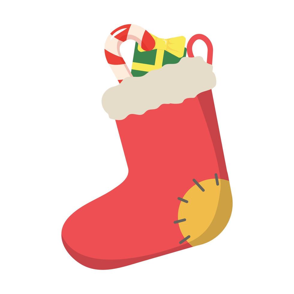 Christmas sock with gifts, candy. New Year's boot with candy and a gift box. Vectronic illustration vector