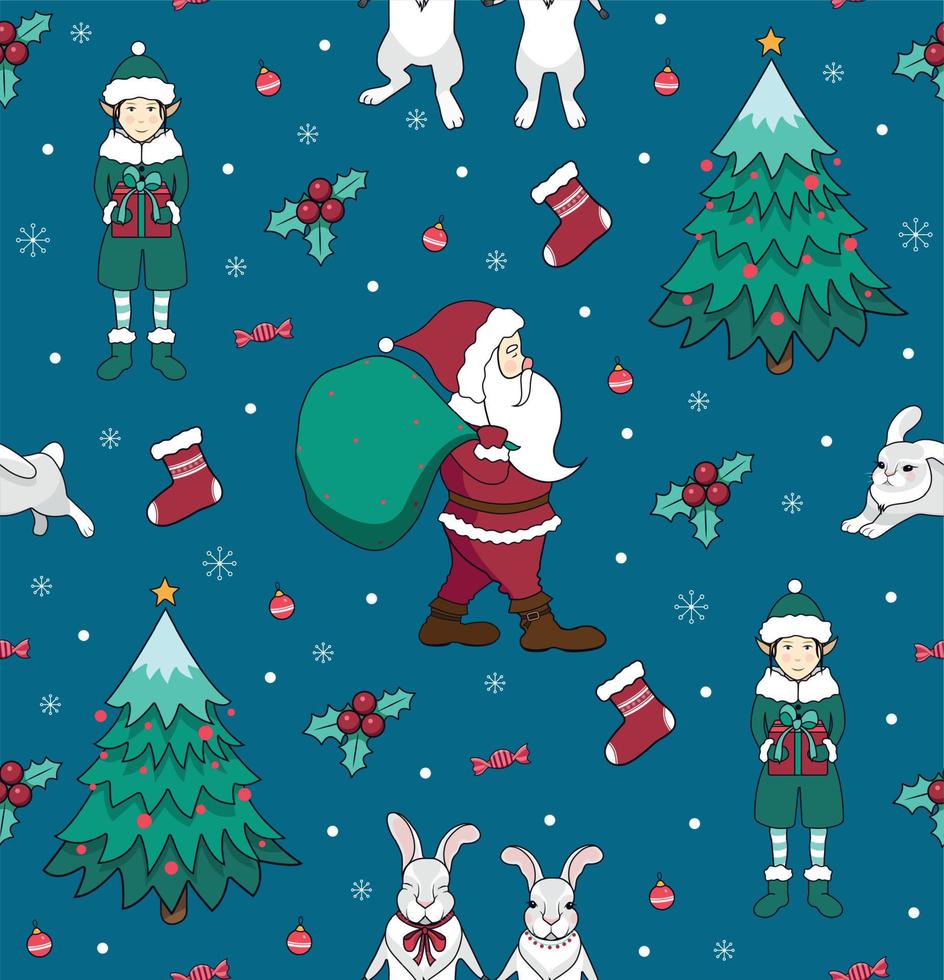 Seamless pattern with Christmas tree, Santa Claus, elf and sock for gifts. New Year's and Christmas vector