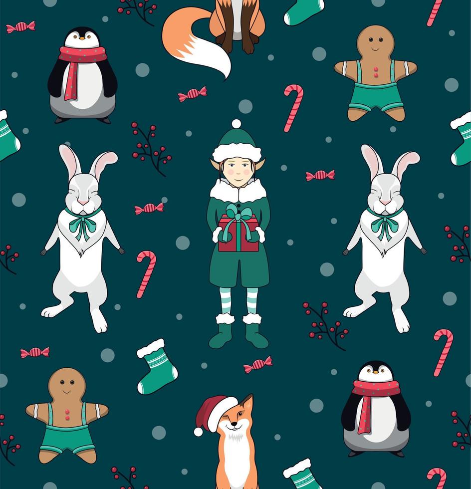 Seamless pattern with elf, fox, hare and penguin. Christmas cookies. New Year's and Christmas. vector