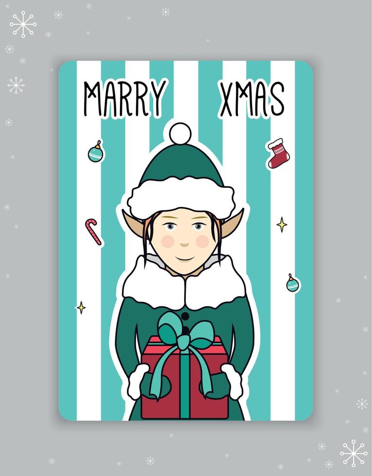 Christmas card with an elf. The elf is holding a gift. Striped greeting card. Vector illustration.