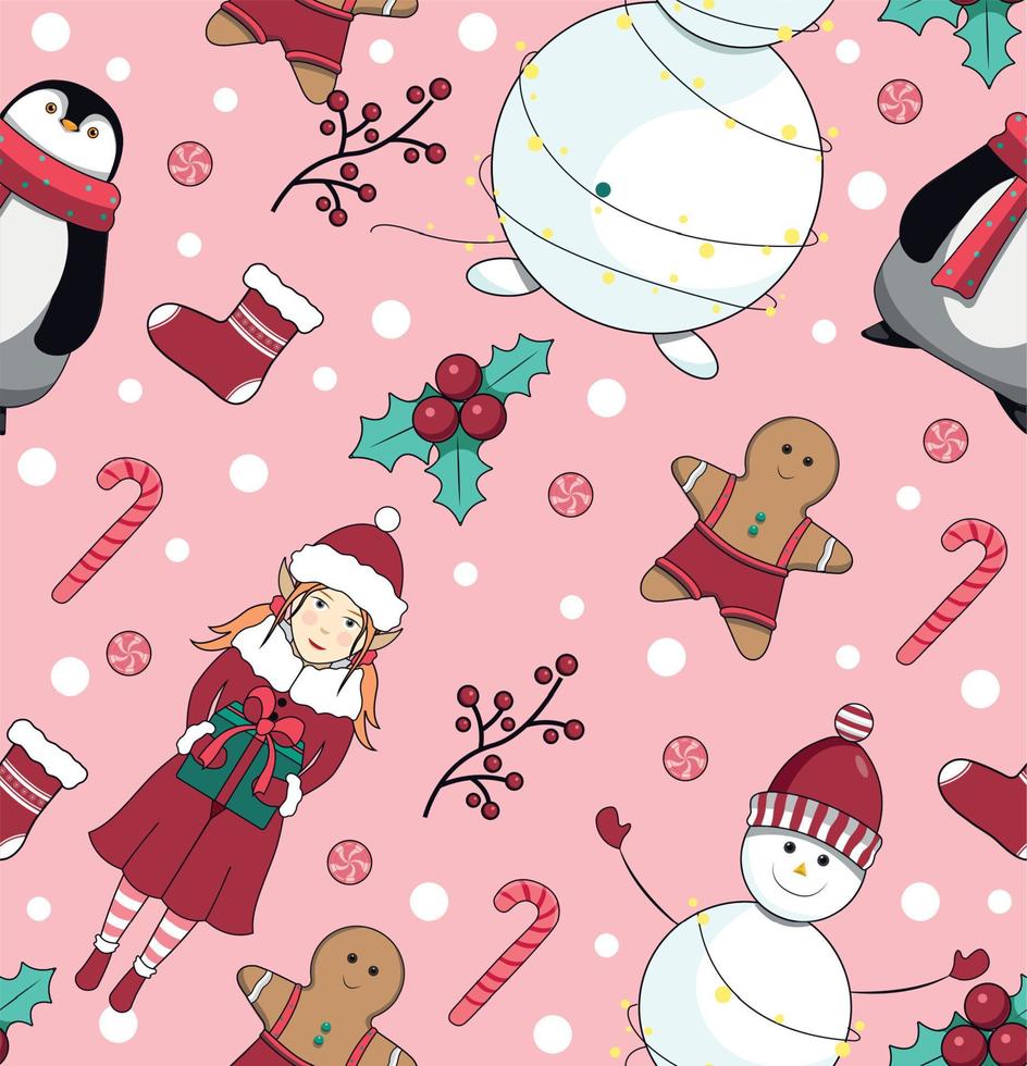 sin costura modelo con muñeco de nieve, pingüino, duende, hombre galletas, pirulí y calcetín para regalos. nuevo años y Navidad. vector