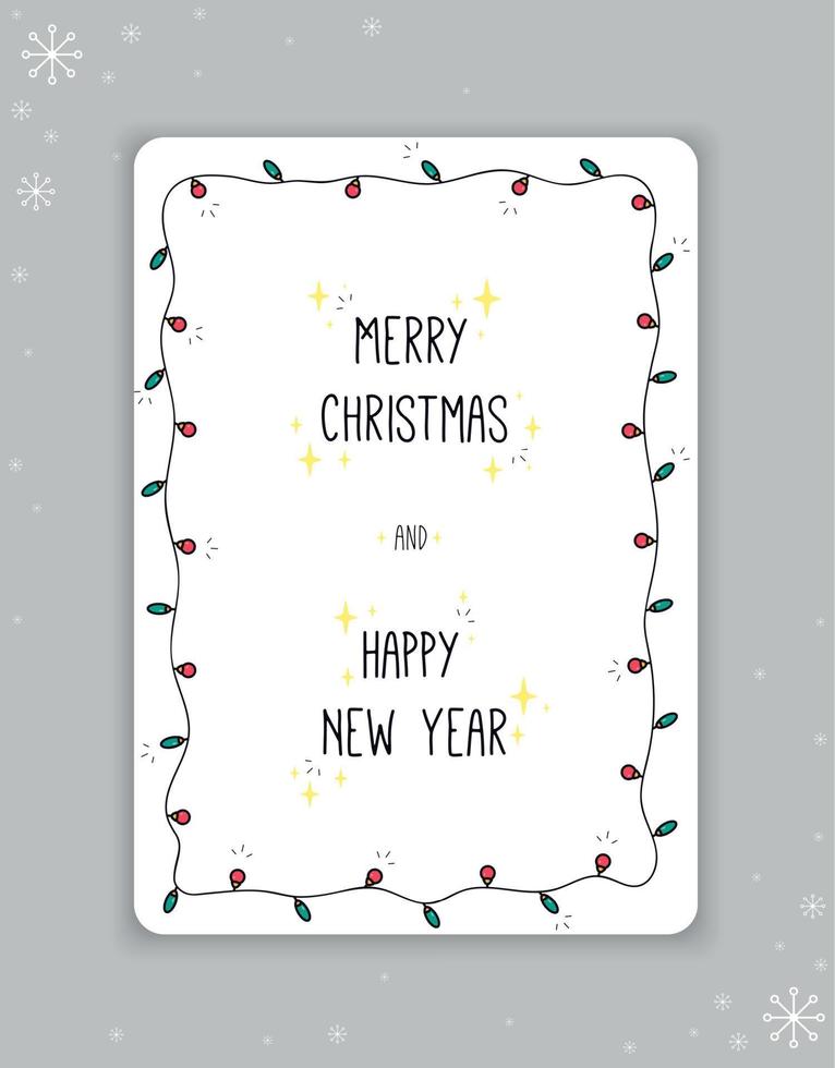 New Year's, Christmas postcard. Festive garland around the letters merry christmas and happy new year, on the background of a snowflake, doodle. Vector illustration