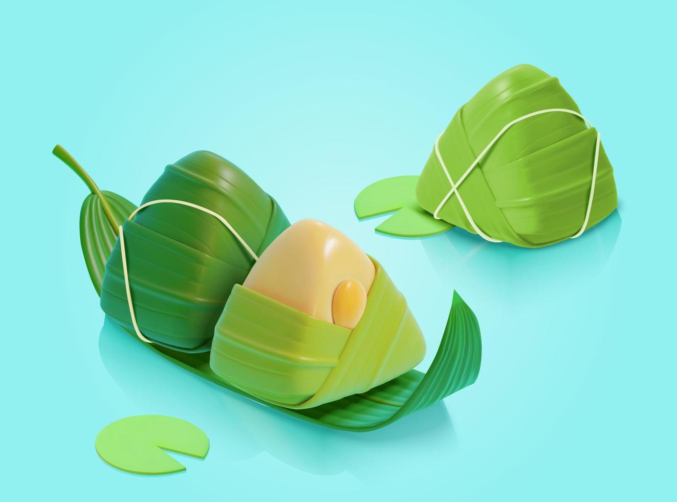 3d tasty zongi or rice dumplings on lotus or bamboo leaf. Duanwu Festival food elements isolated on aqua blue background. vector