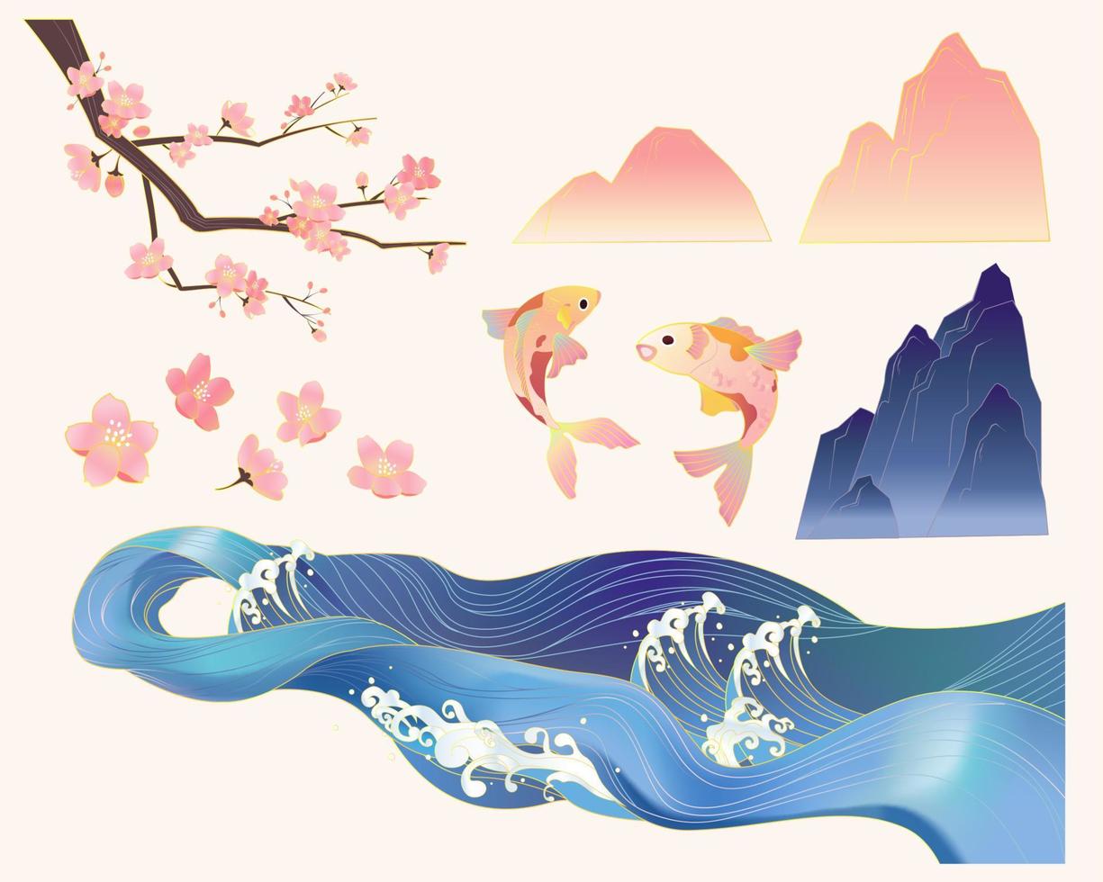 Vintage drawings of river waves, koi fish, cherry blossom and mountains. Oriental elements isolated on white background. vector